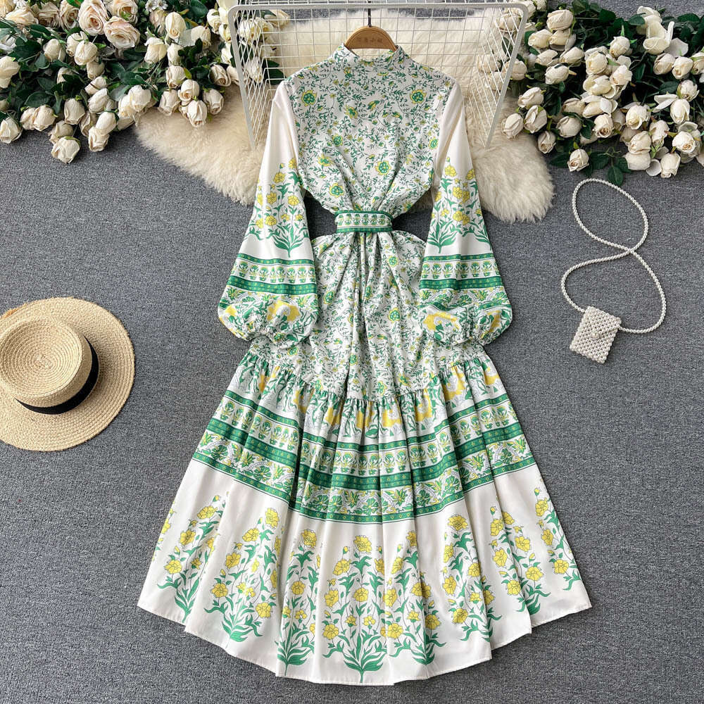 Spring Clothing New Printed Fashionable Ruffle Edge for Women with Waist Cinching and Straps, Large Swing Long Skirt Dress Temperament Silk Dress Lace