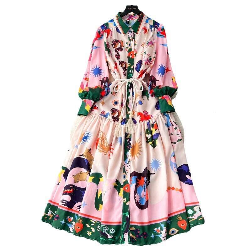 New French Style Lapel Lantern Sleeve Printed Dress Women with Tie Up Waist for Slimming and Elegant Dressing Long Summer Dress Short Bifurcated SKINN