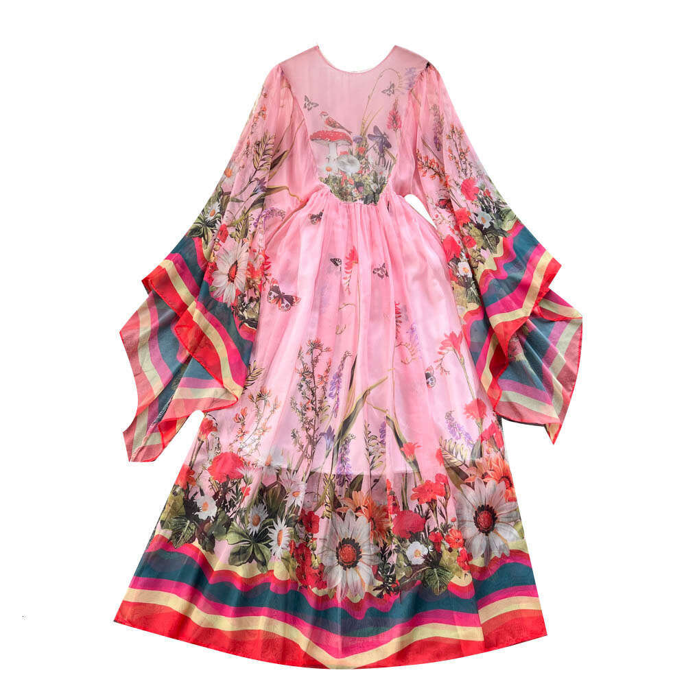 Spring and Autumn Fashion Palace Round Neck Horn Sleeve Lazy Loose Printed Western Style Long Dress Chiffon Floral Dress Sexy Waist Silk Dress