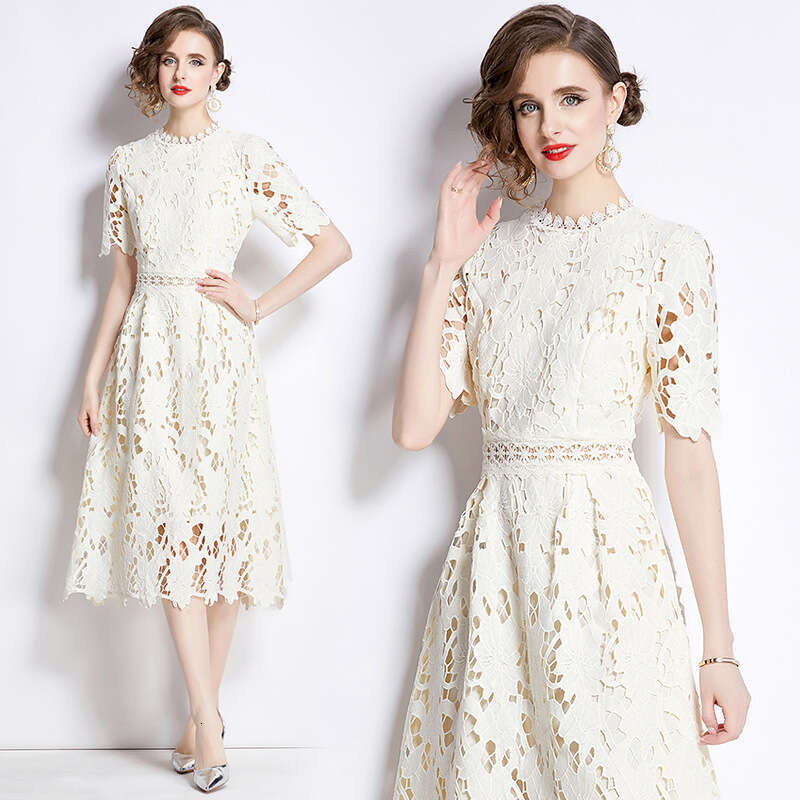 Fashionable and Luxurious Socialite Temperament Short Sleeved Round Neck Waist Slimming Mid Length A-line Hollow Water-soluble Lace Dress Novelty BOHO