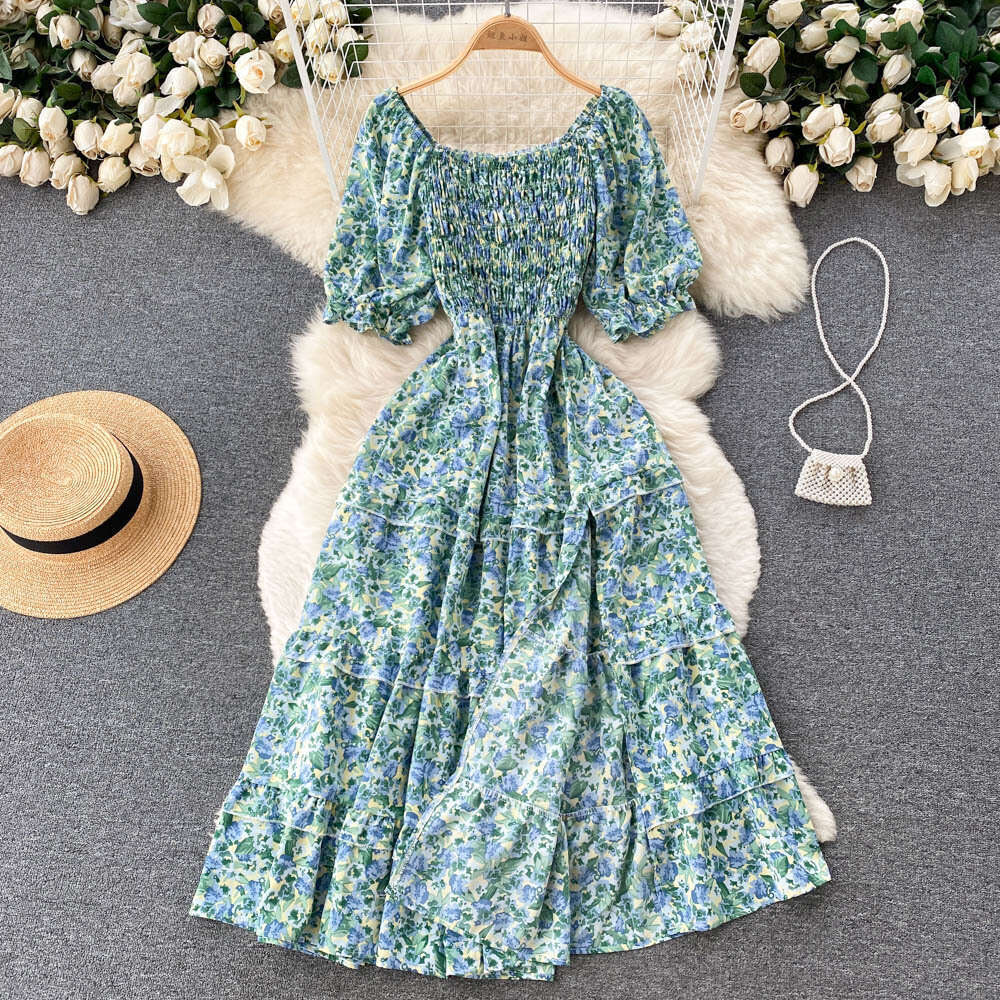 Korean Version of Chic Style Fairy Sweet Slim Fit Square Neck Bubble Sleeve Floral Dress Super Immortal Temperament A-line Skirt Pregnant Womens Dress