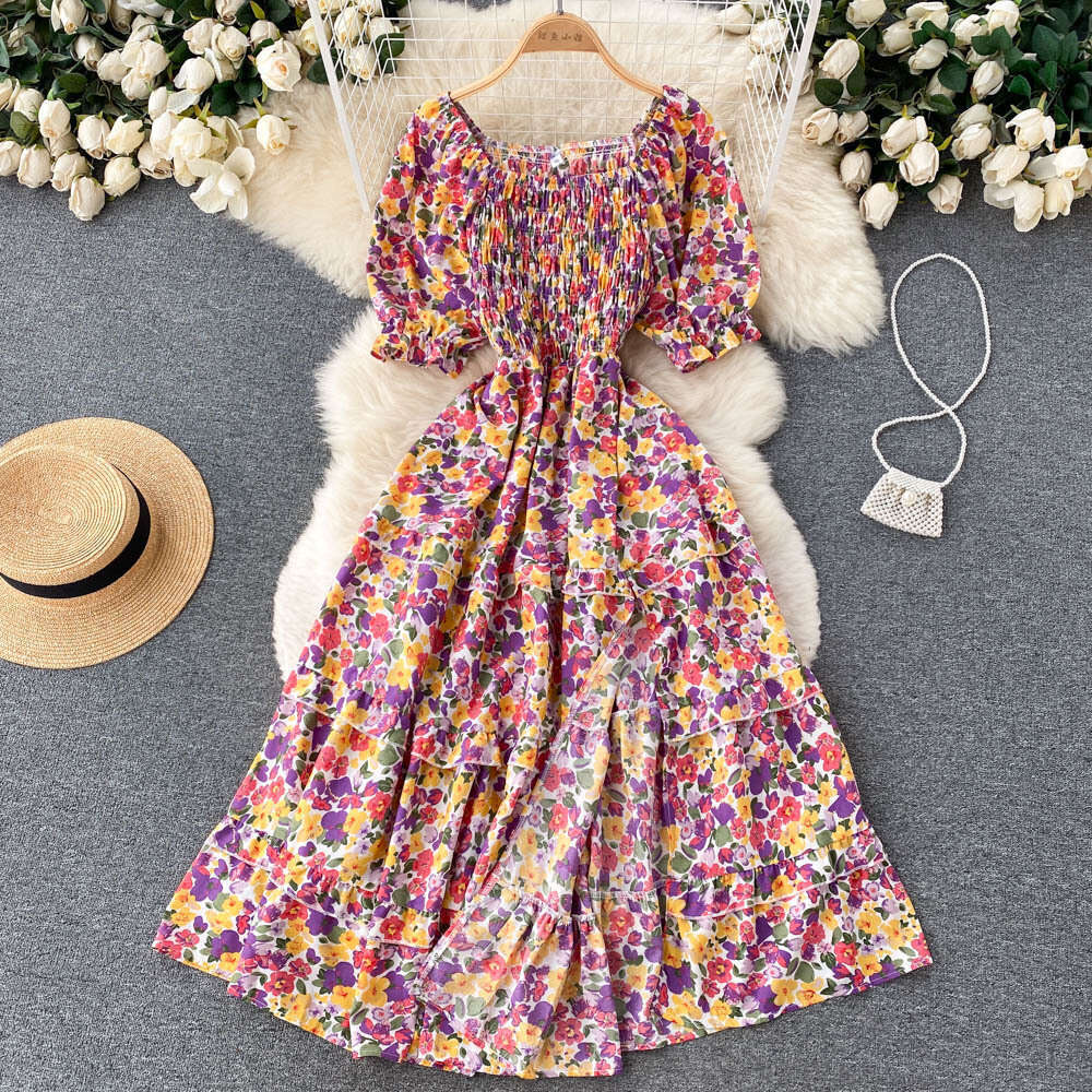 Korean Version of Chic Style Fairy Sweet Slim Fit Square Neck Bubble Sleeve Floral Dress Super Immortal Temperament A-line Skirt Pregnant Womens Dress