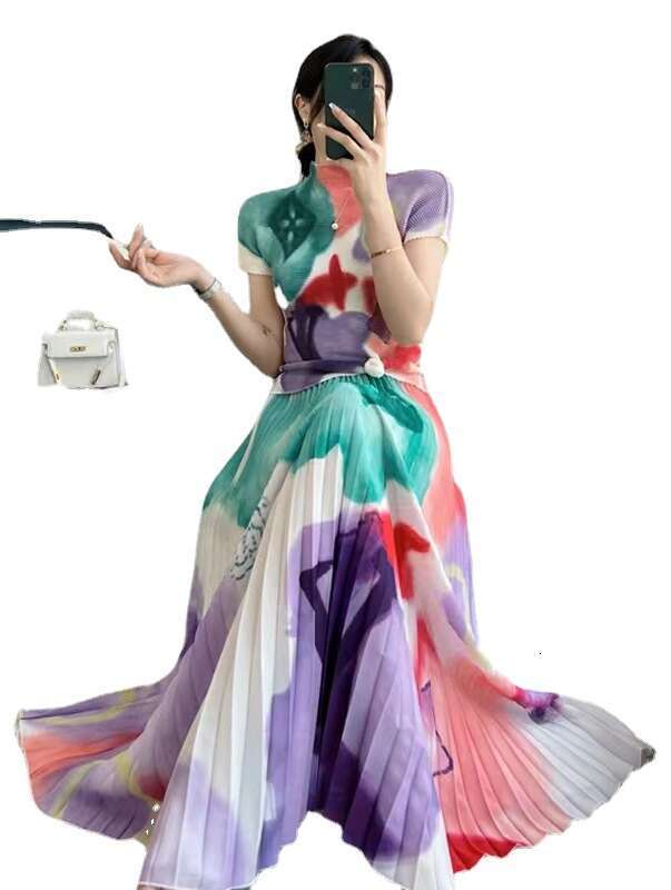 Original Quality Three House Pleated Lining Printed Suit Womens Sets Chiffon Floral Dress Sexy Dress Autumn Dress Women Loose Novelty Oversize Dress