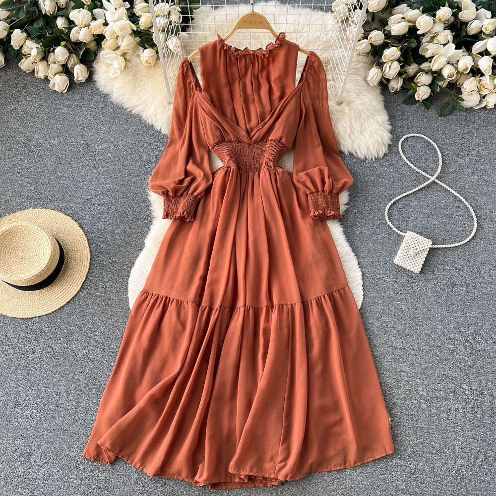 French Style Wooden Ear Edge Off Shoulder Bubble Sleeves with Waistband to Show Slimming Dress, Womens Large Hem Over the Knee Pleated Long Skirt BOHO