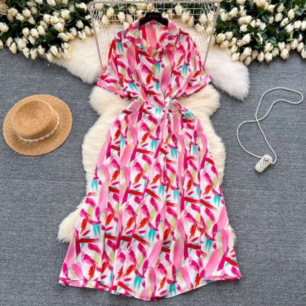 Summer New Light Mature Style, High Grade, Elegant and Fashionable Print, Waist Closing, Slim French Shirt Dress for Women Temperament Denim Dress Lac