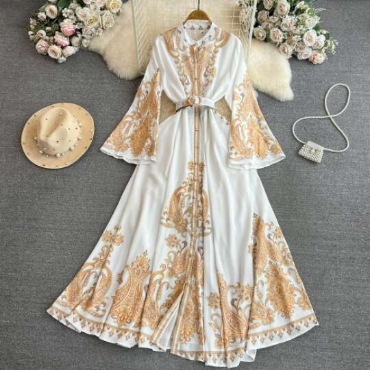 Palace Style Speaker Long Sleeved Lapel with Waistband Single Breasted A-line Positioning Printed Dress for Women Loose Bifurcated Lace Dress