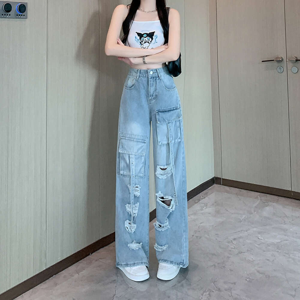 ~black Multi Pocket Ripped Workwear Jeans for Women's Summer New High Waisted Straight Leg Pants Super Elasticity Pants Trousers Cartoon Gold Vel