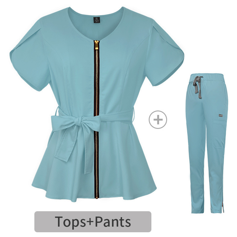 Strap waist collection surgical women's split body set, hospital short sleeved brush suit, elastic nurse hand wash suit F717#99 26689a