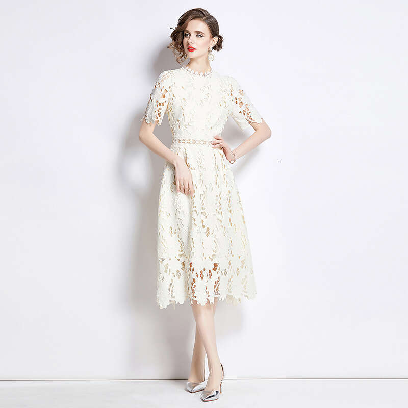 Fashionable and Luxurious Socialite Temperament Short Sleeved Round Neck Waist Slimming Mid Length A-line Hollow Water-soluble Lace Dress Novelty BOHO
