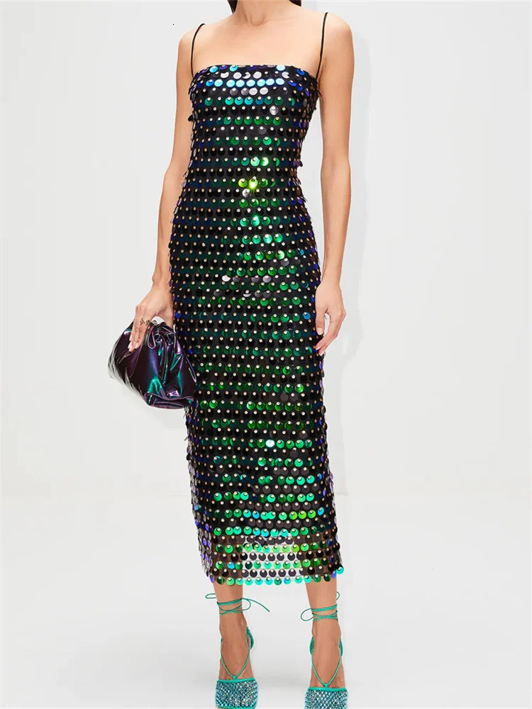 Women Sequins Midi Dress Spaghetti Strap Sleeveless Bodycon Split Dress Summer Cocktail Party Club Sexy Chic Dresses Clothes 240716