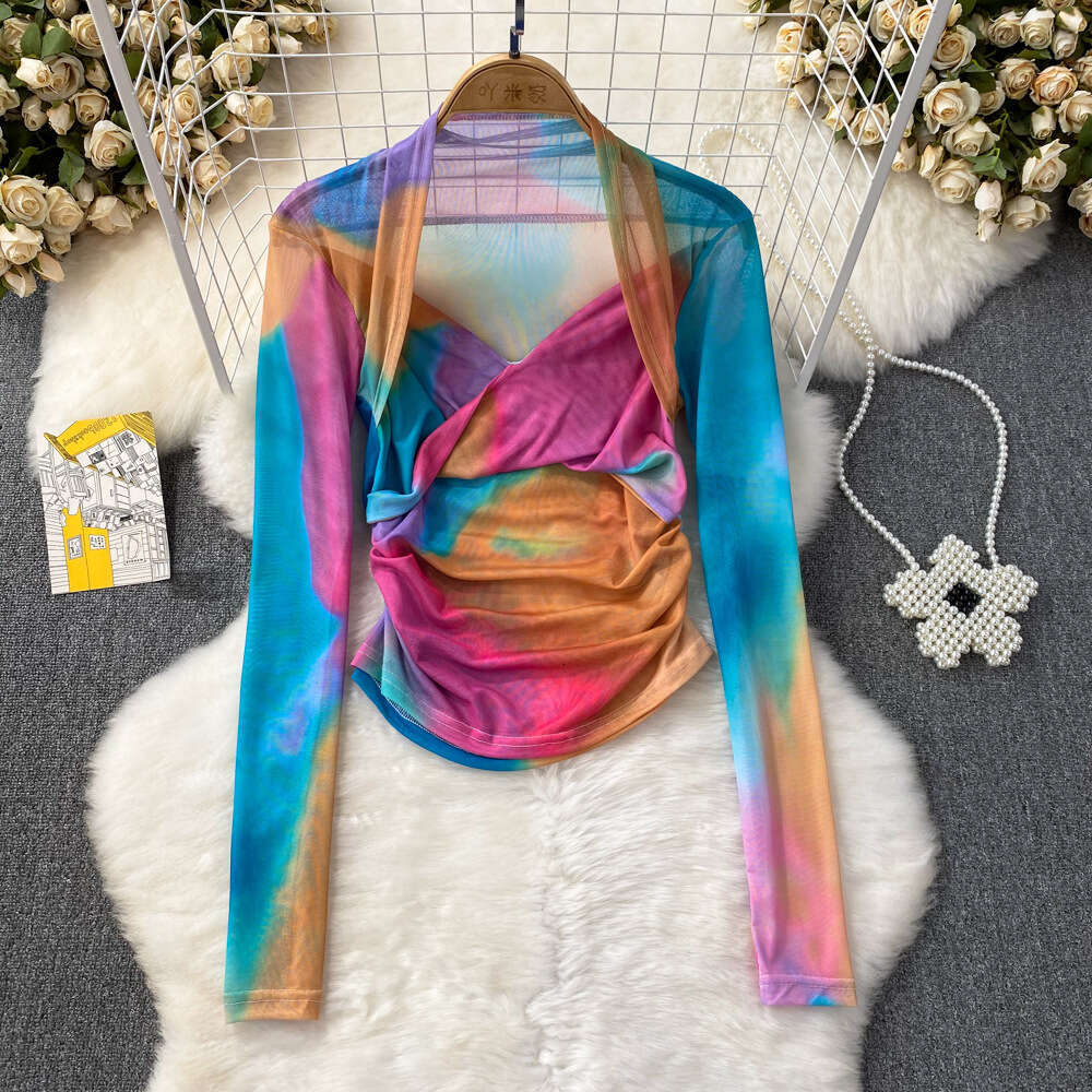 Summer Fashion Spicy Girl Camo Tie Dyed Long Sleeved V-neck Mesh T-shirt Womens Western Style Slim Fit Wrinkle Short Top Novelty Sexy Lace Dress BOHO 