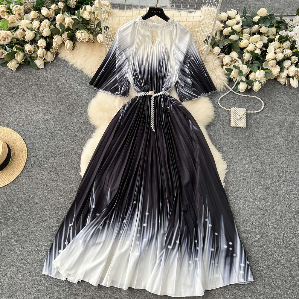 European Oversized Womens Clothing, High-end Printing, Heavy-duty Beaded Long Dress, Pleated Skirt, Temperament Dress for Women Waist Denim Dress SKIN
