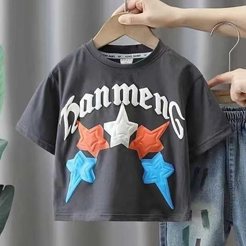 Clothing Sets Boys Summer Set 2024 New Boys Summer 3D Pattern Top+Denim Shorts Childrens Handsome Short Sleeve Two Piece Set Kids Outfits