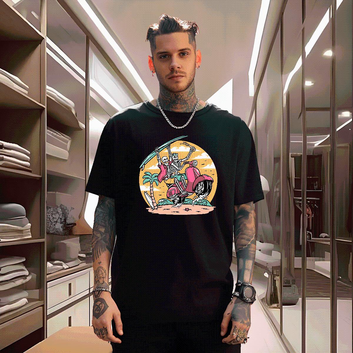 Loose T-Shirts Skeleton 230g Cotton Street Cotton Breathable Short Sleeve Men Tshirts Designer DIY Anime Tee Shirt