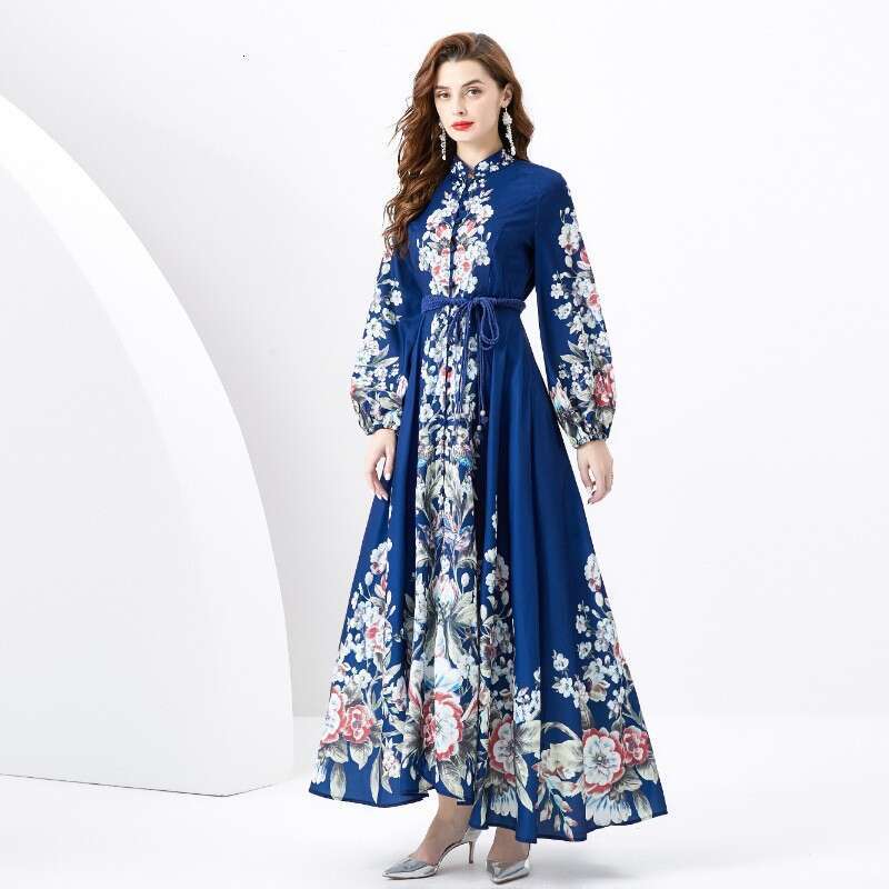 Spring/summer 2024- Vacation Style Stand Up Collar Single Breasted Diagonal Cut Printed Wide Hem Long Dress Loose Self-cultivation Pregnant Womens Dre
