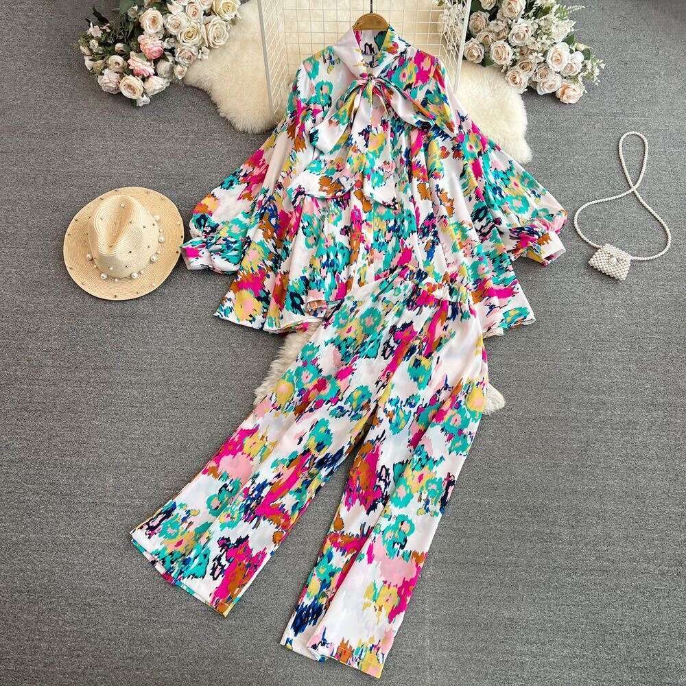 Fashion Womens Korean Version Lantern Long Sleeved Bow Tie Loose Printed Shirt Two-piece Set with High Waisted Wide Leg Pants Round Neck Dress High Wa