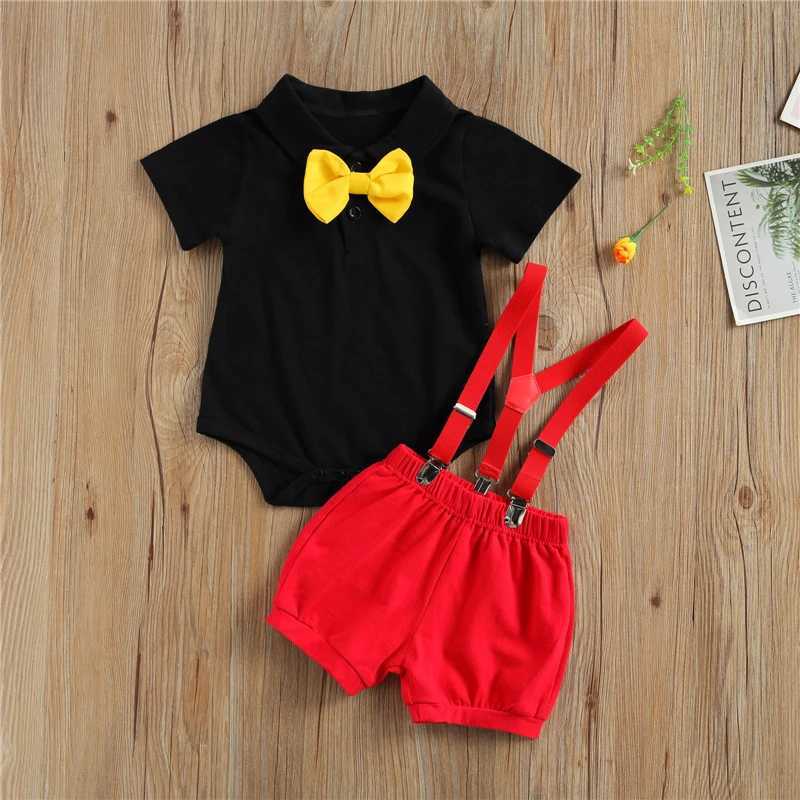 Clothing Sets Baby Boys 2Pcs Gentleman Clothes Set Short Sleeve Bow Tie Decorations Solid Color Romper with Suspenders Short Pants