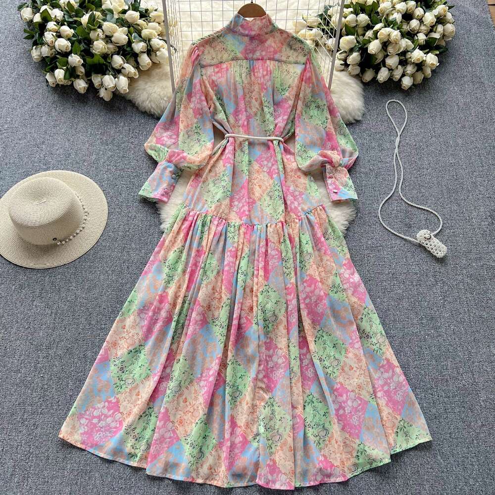 Spring and Autumn Seasons Thin Sleeved Standing Neck High End Printed Chiffon Womens Loose Lace Up Waist Holiday Long Dress Self-cultivation Silk Dres