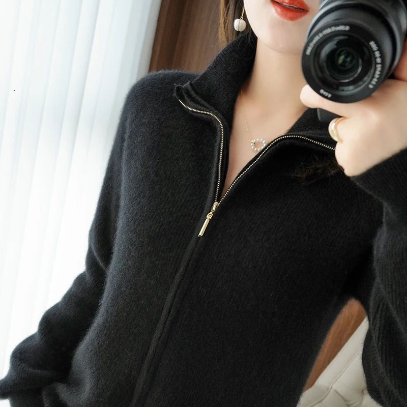 Autumn and Winter Women 100% Wool Cashmere Sweater Ladies Zipper Lapel Cardigan Warm Knitted Jacket 240712