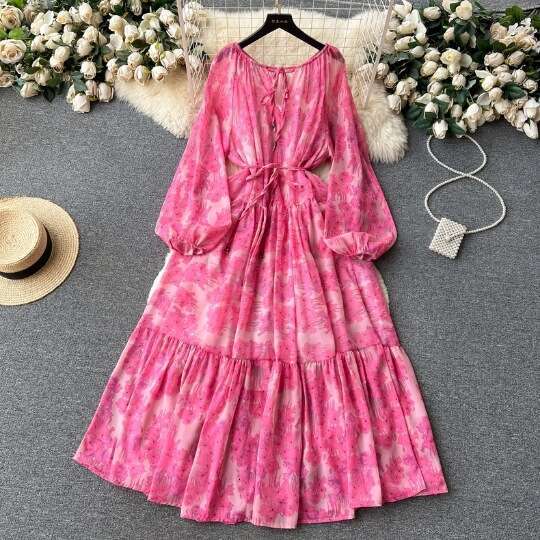 Romantic Floral Dress for Women in Autumn with Lantern Sleeve Strap Design, Exuding A Sense of Elegance and Sophistication Round Neck Dress High Waist