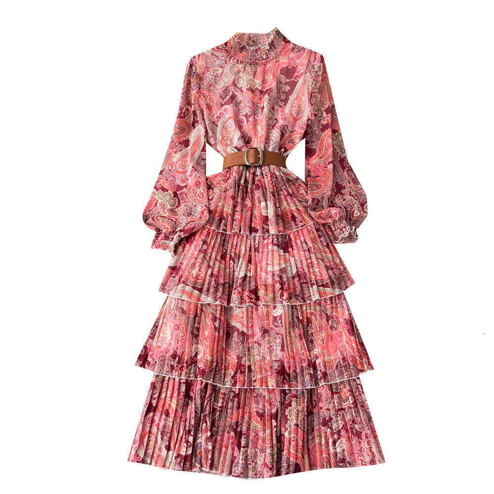 Standing Collar Mesh Sleeved Ruffled Edge Printed Waistband Fluffy Large Hem Dress for Womens Spring and Autumn Lantern Sleeves Cake Long Skirt Oversi