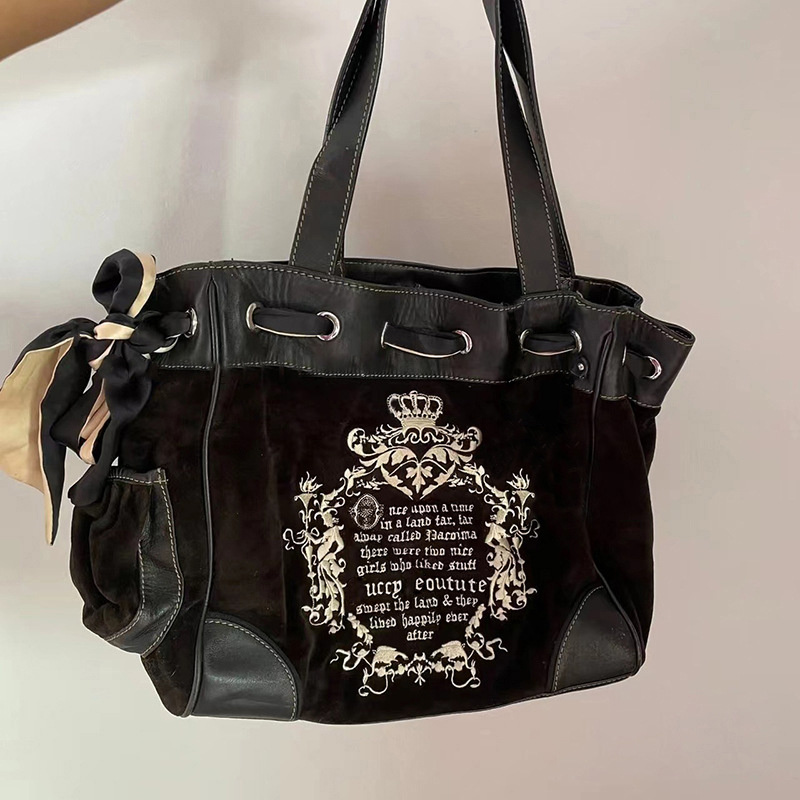 Y2K Vintage Fashionable Hot Girl Hit Color Texture Veet Embroidery Large-Capacity Shoulder Tote Female Kawaii Purse Chic Bag 4