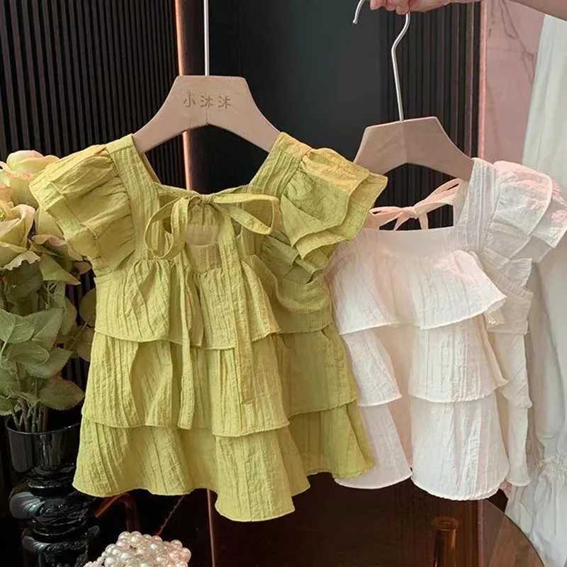 Clothing Sets Girls Summer Set 2024 New Childrens Cowboy Embroidered Shorts Baby Ruffle Edge Tank Top Skirt Two Piece Set Trendy