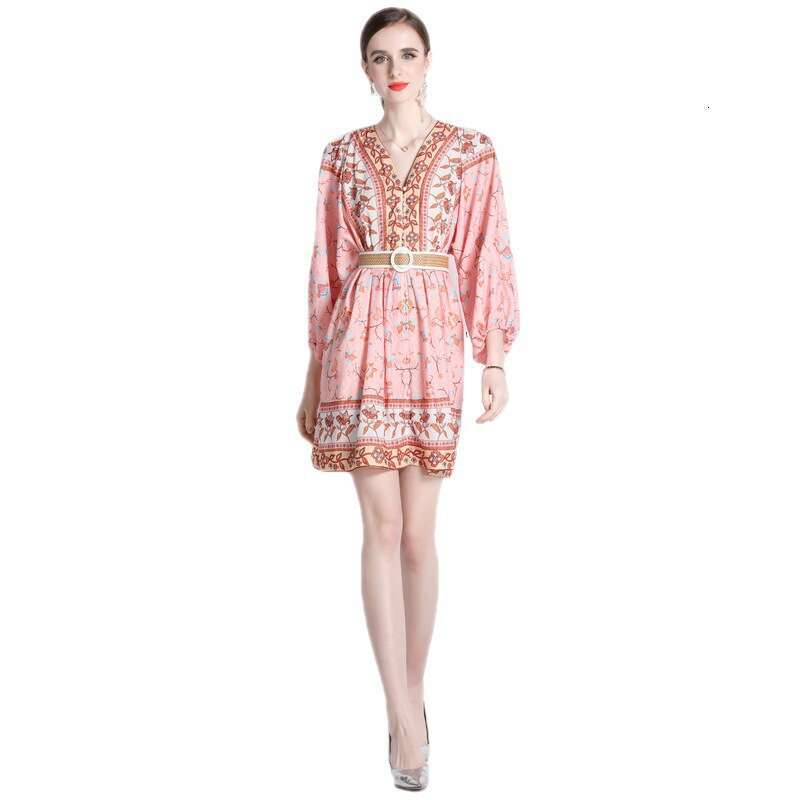 Dress 2023 Spring/summer New Minimalist Print Elegant Temperament Short V-neck Dress Floral Dress Long Summer Dress Temperament Waist Novelty Silk Dre