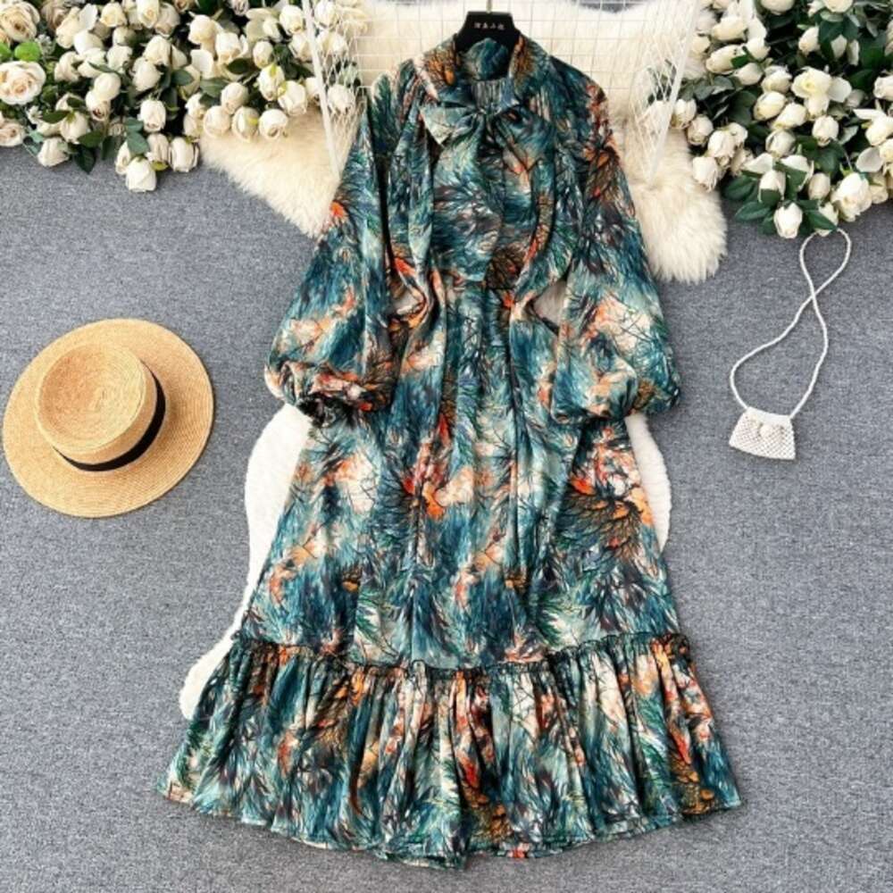 Gentle Style Tea Break Skirt with A High-end Feeling, Bow Tie, Lantern, Long Sleeves, Waist Cinching, Slim and Ruffled Edge Dress for Women Silk Dress
