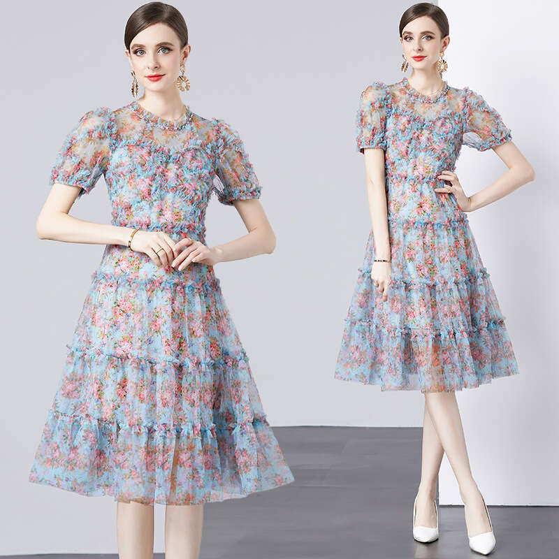 2024 Summer New Womens Wear Heavy Industry Mesh Green Emerald Flower Printed Skirt Brick Stone Bead Fairy Dress Loose Temperament High Waist Dress Den
