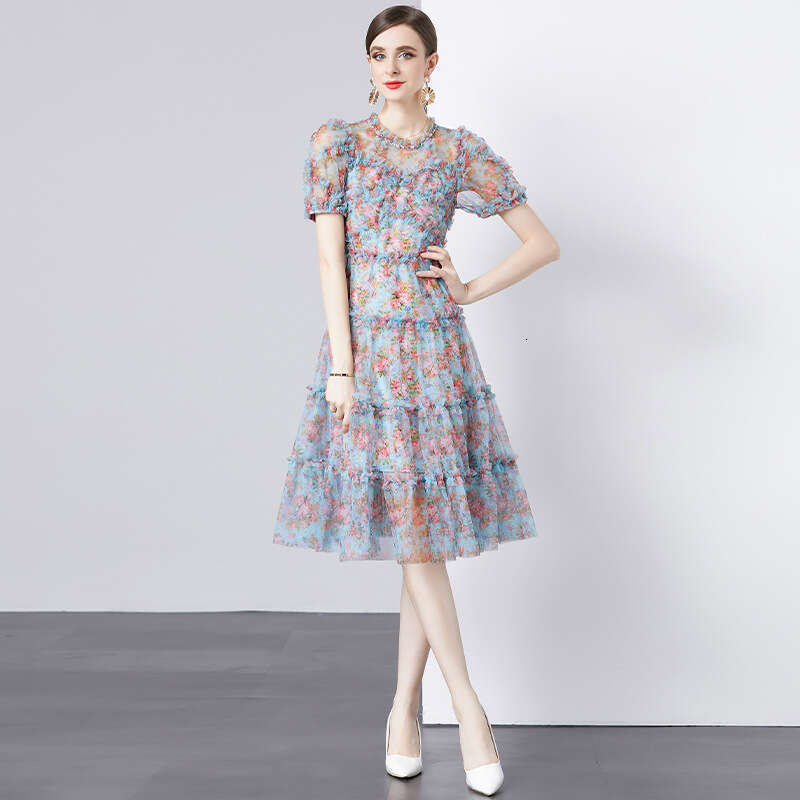 2024 Summer New Womens Wear Heavy Industry Mesh Green Emerald Flower Printed Skirt Brick Stone Bead Fairy Dress Loose Temperament High Waist Dress Den