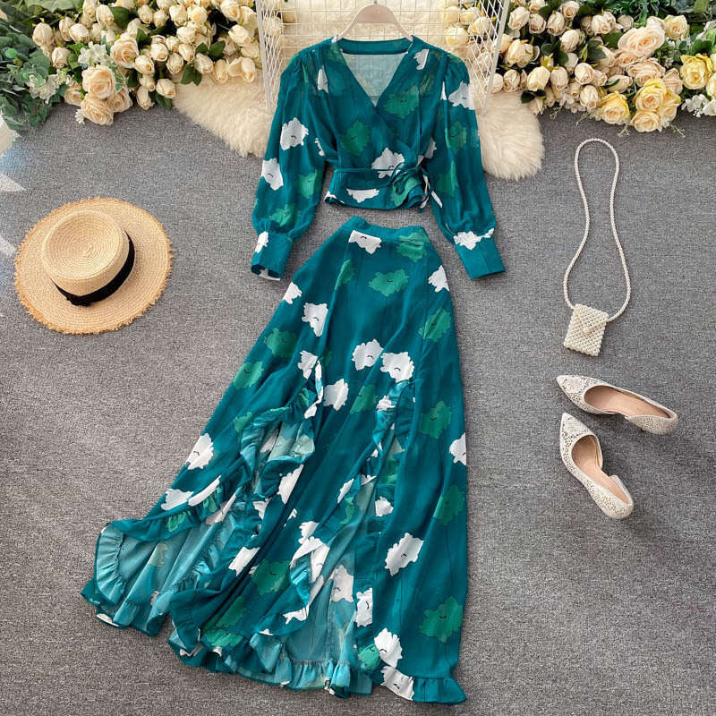 Autumn Womens Vacation Style Printed Short Chiffon Shirt Design Feeling Wooden Ear Split Half Skirt Two Piece Set Trendy Loose Sexy Denim Dress BOHO D