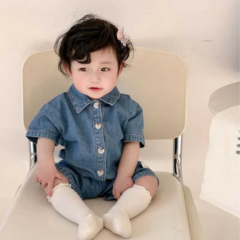 Clothing Sets Summer childrens denim short sleeved set 0-6-year-old baby solid color denim shirt and shorts two-piece casual sportswear set