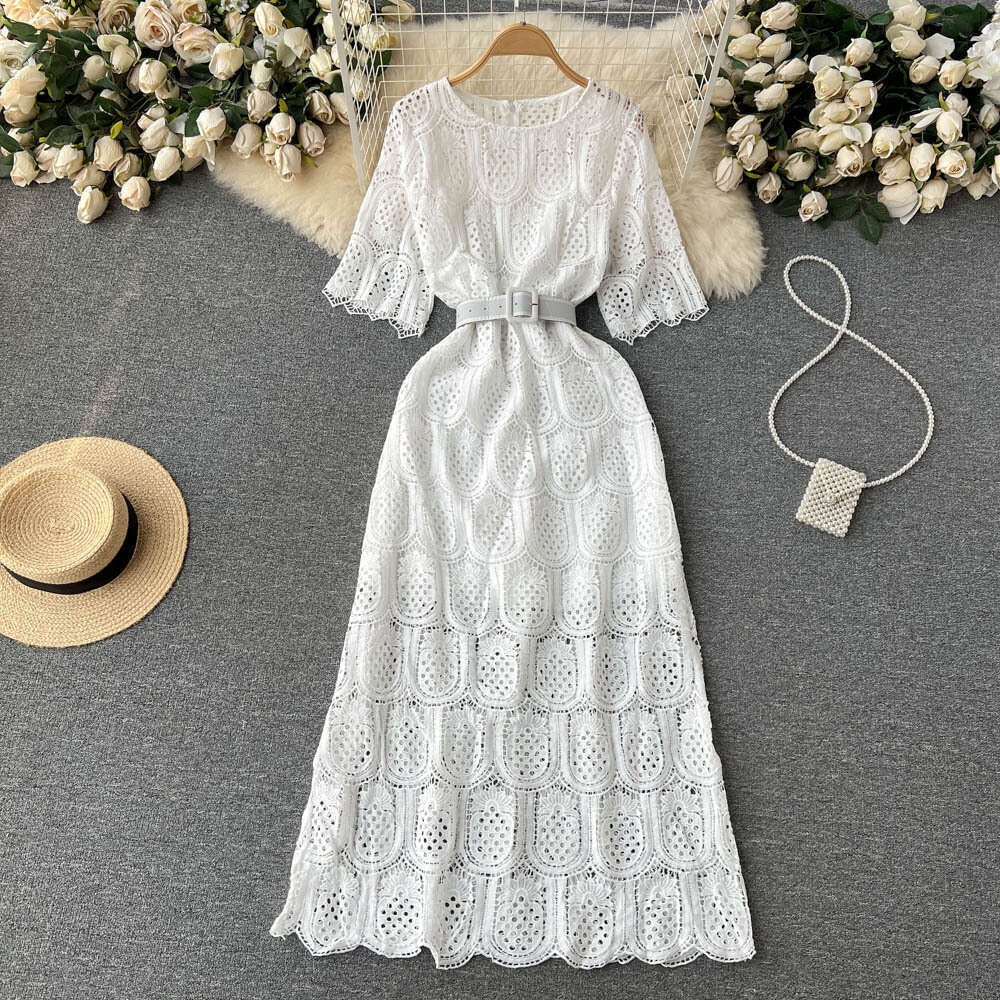 Summer Outfit New Hollow Out Temperament Socialite Fashionable Round Neck Lace Dress Womens Short Sleeved Hook Flower Waist Long Skirt Waist Oversize 
