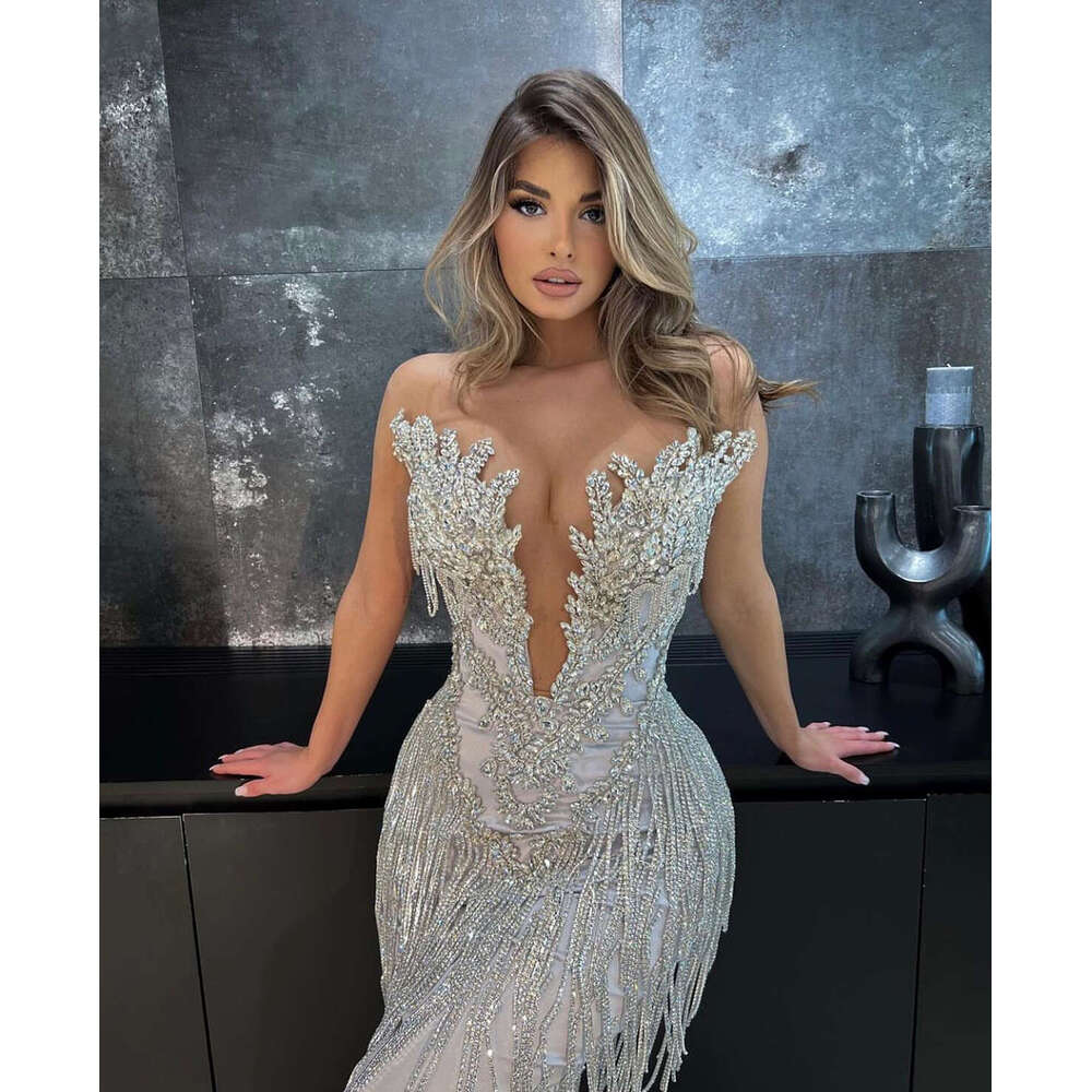 Sexy Crystal Evening Dress Mermaid Deep V Neck Prom Gowns Sweetheart Sequins Detachable Train Party Dresses Custom Made 0717