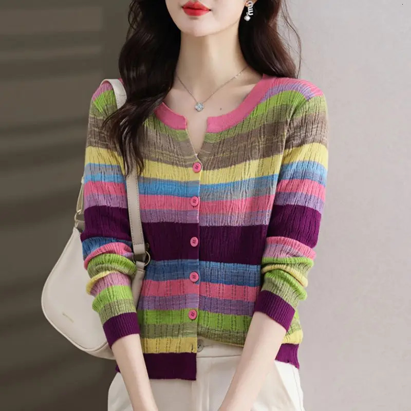 Fashion Women Clothing Colorful Striped Cardigan Sweater Spring Autumn Korean Versatile Casual Long Sleeve Knitted Coats 240712