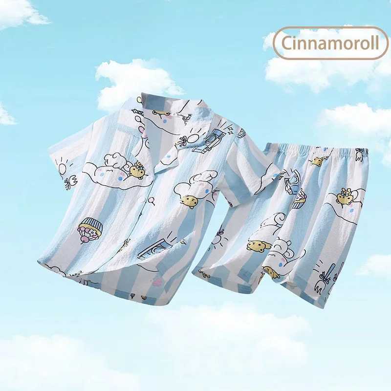 Summer Childrens Pajama Set Cute Anime Kuromi Cinnamon My Melody Childrens Short sleeved Pajamas Girl Boy CardiganW240716