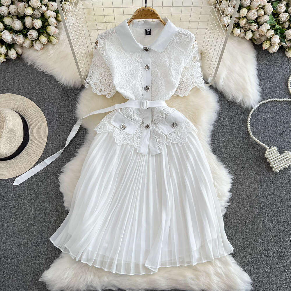Summer Luxury and Socialite Temperament, Short Sleeved Lapel with Lace Patchwork, Slim Waist, A-line Pleated Dress for Women Temperament Waist Oversiz