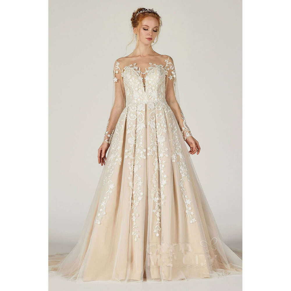 Illusion Sheer Long Sleeves Lace Applique Tulle A E Wedding Dresses Court Train Custom Made Vestido De Morrie