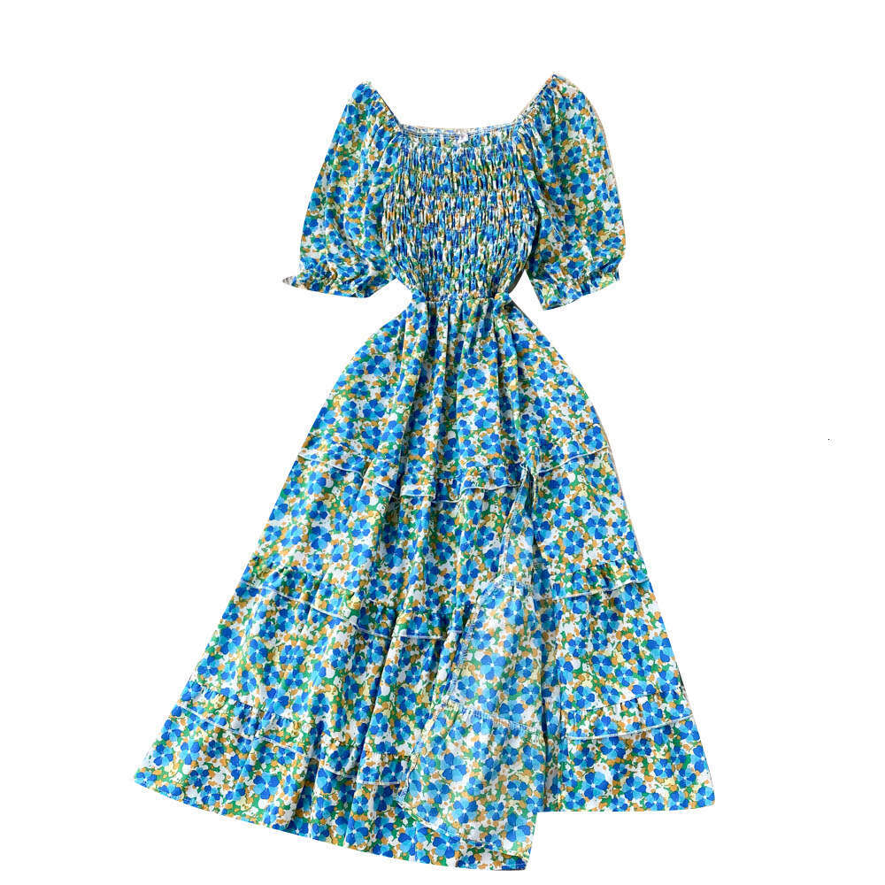 Korean Version of Chic Style Fairy Sweet Slim Fit Square Neck Bubble Sleeve Floral Dress Super Immortal Temperament A-line Skirt Pregnant Womens Dress