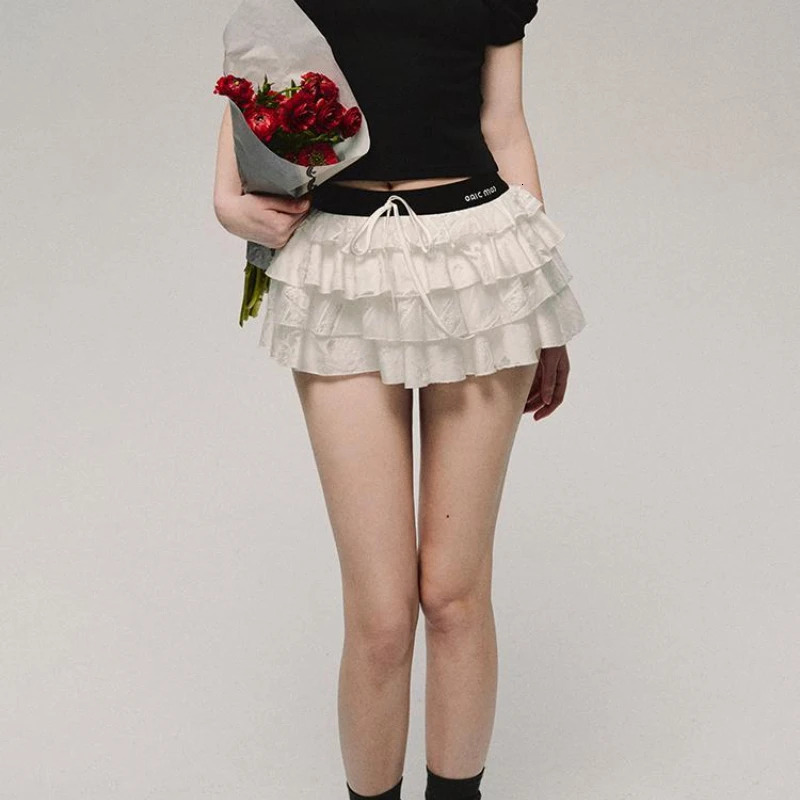 Deeptown Kawaii Sexy Ruffle White Mini Skirt Fairycore Cake Pleated Lace Up Short Skirts Coquette Casual Layered Patchwork Skirt 240710