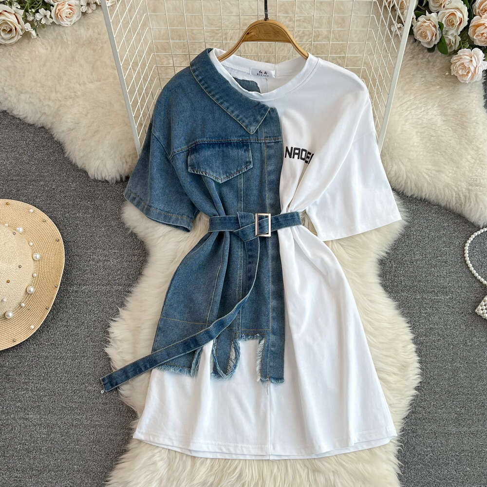 Hong Kong Style Waistband with Round Neck and Color Matching Denim Shirt, Spring New Chic Casual Mid Length Loose Novelty Denim Dress BOHO DRESS