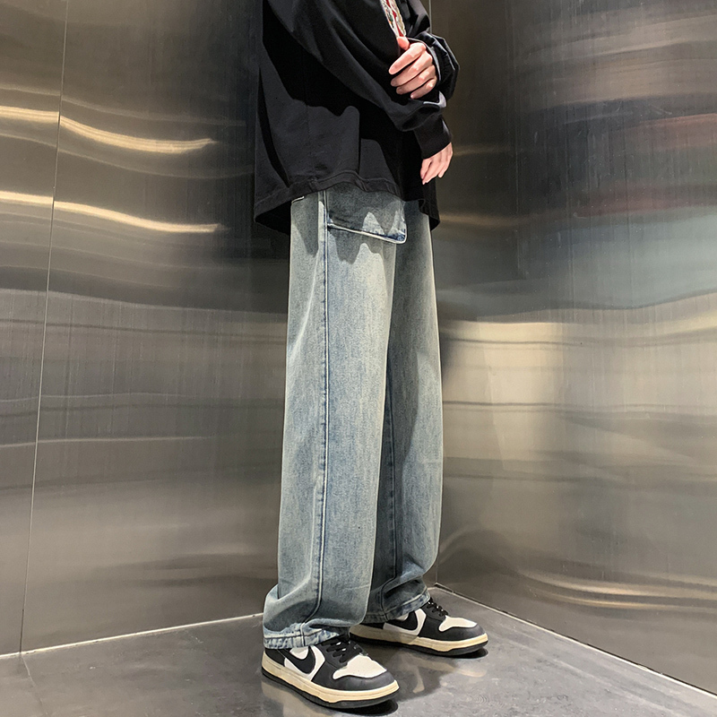 Discounted welfare summer loose straight leg pants for men, American high street yellow mud dyed jeans, men's large pocket