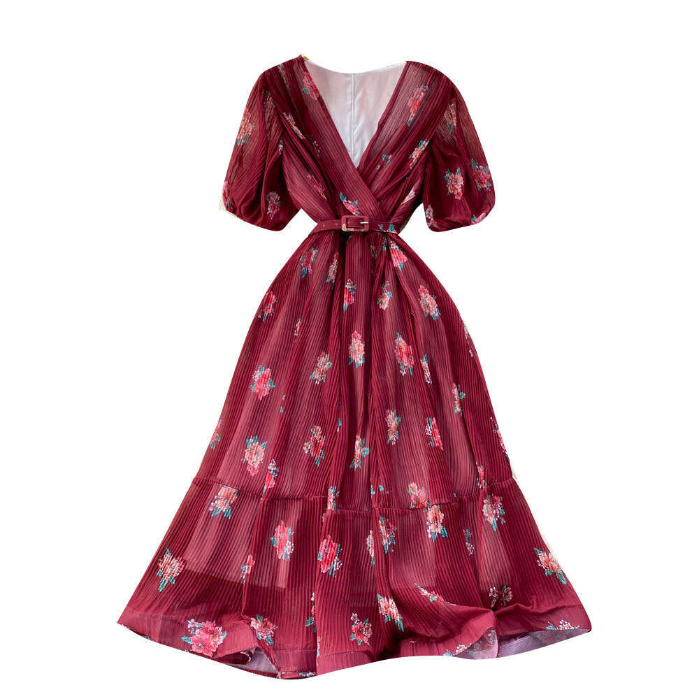 2022 Summer Literary and Ethnic Style Elegance Fragmented Flower Chiffon Dress Womens Waistband Slim A-line Long Skirt Bifurcated Waist Short Sexy Den