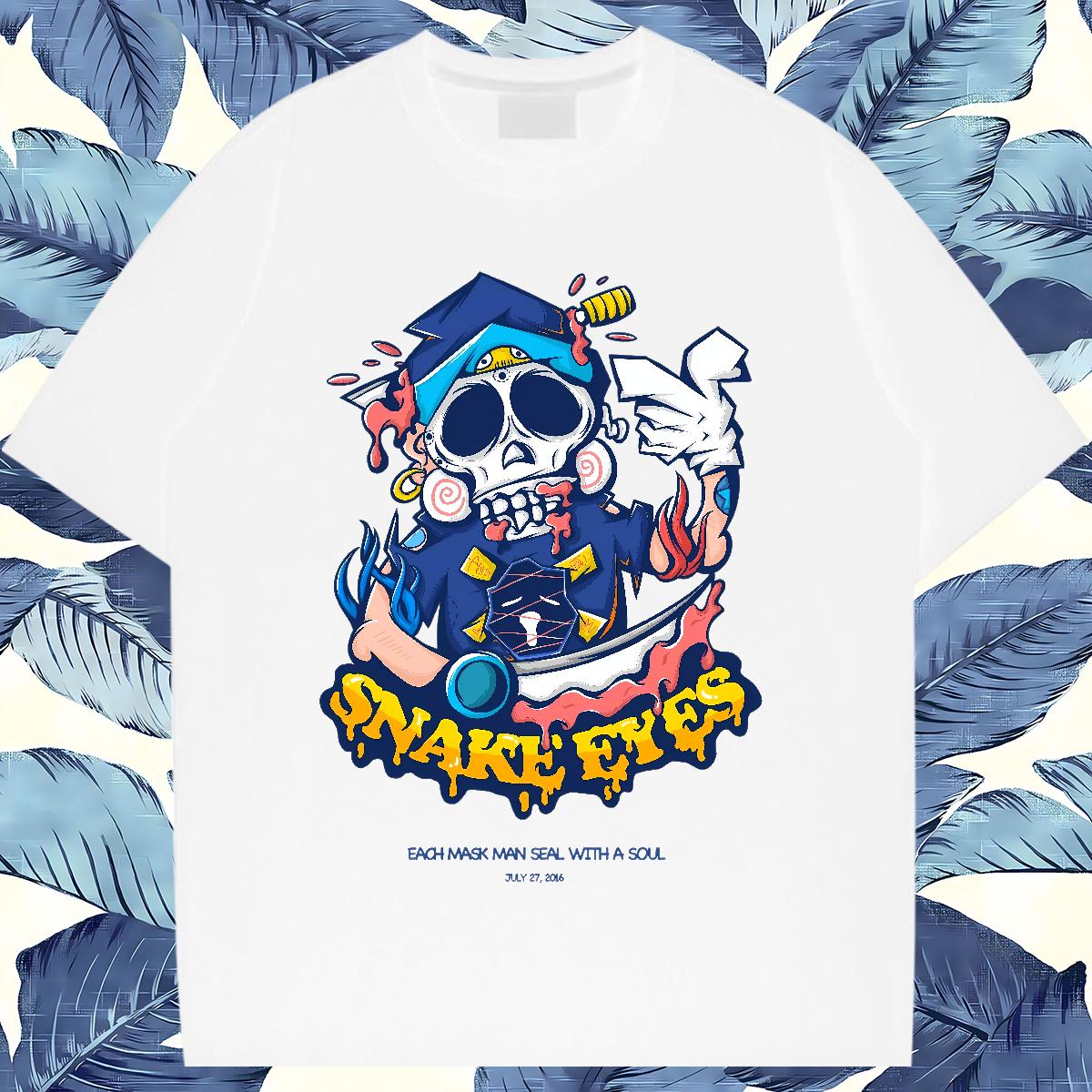 2024 Summer Man T Shirts Skeleton 100% Cotton 230g Floral Print Home Outdoor Men Tops Tees Breathable Short Sleeve Classic