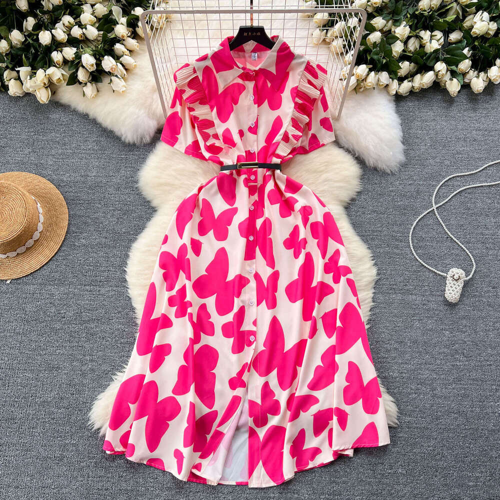 Light Mature Style, Niche Womens Clothing, Dress, Summer New Design, Wooden Ear Edge, Waist Cinching Print, Elegant Long Skirt Sexy Short Oversize Dre
