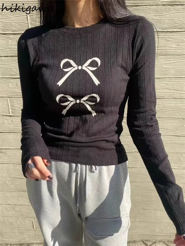 Simple Fashion Tshirts for Women Bow Print Casual Tees Ropa Mujer Long Sleeve O-neck Crop Tops Temperament Ladies T Shirts 240715