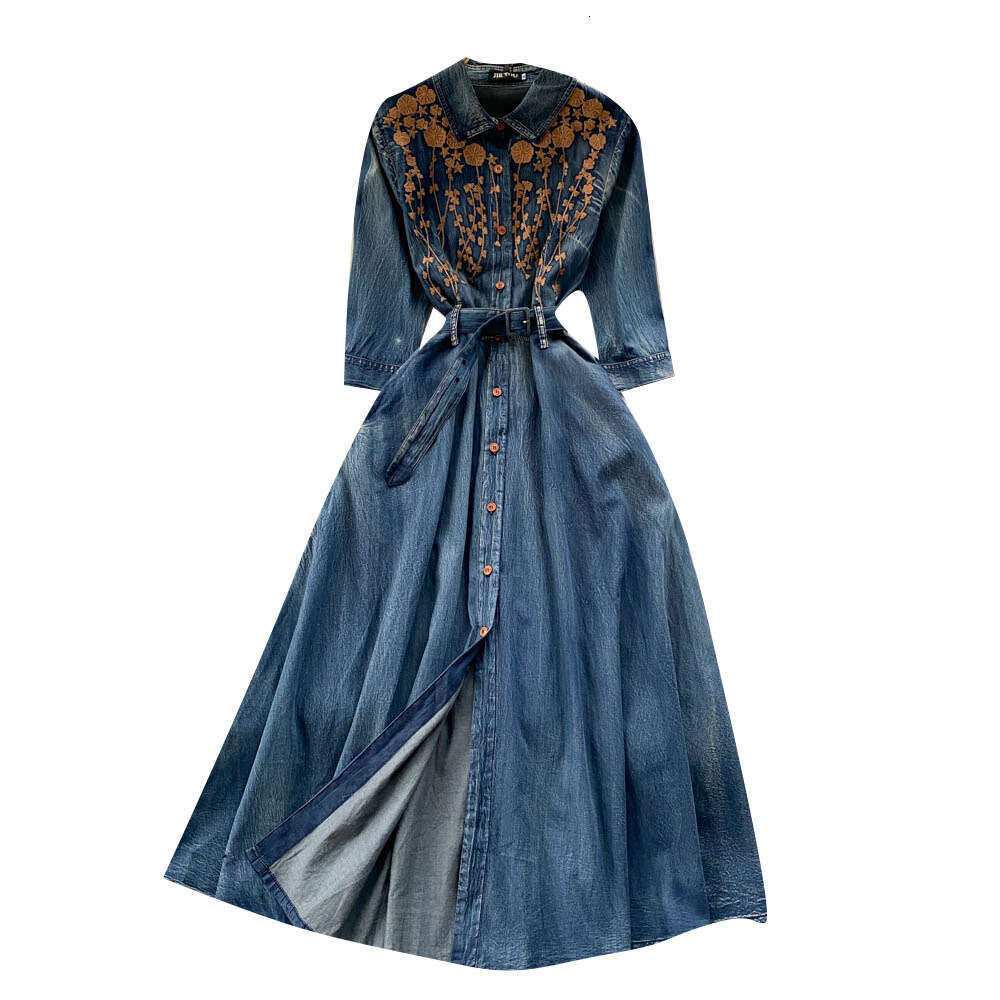 Hong Kong Style Heavy Industry Embroidery Design Sense Niche High-end Socialite Temperament Single Breasted Denim Dress Women Temperament Sexy Oversiz