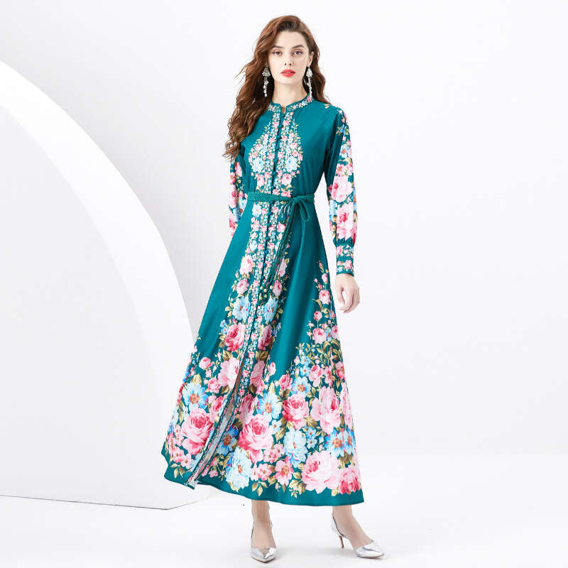 Wind 2024 Spring Vacation Style Stand Up Collar Single Breasted Lantern Sleeves Printed Wide Swing Long Dress Temperament Loose Waist Oversize Dress S