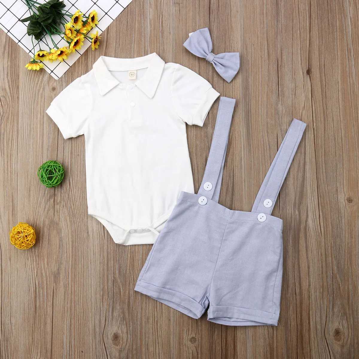 Clothing Sets Babys Gentleman Suit Boys Summer Short Sleeve Solid Color Romper Button Suspender Shorts Bow Tie 3pcs Infant Clothing